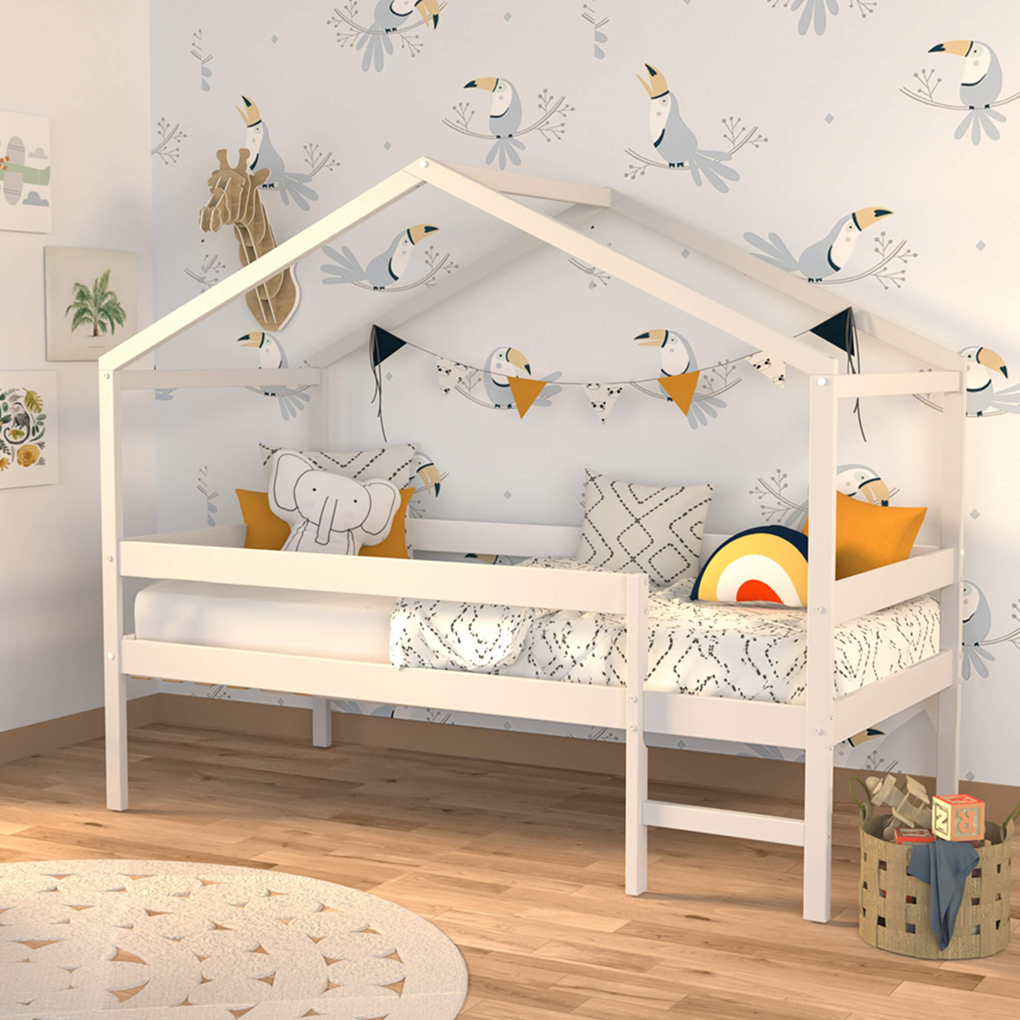 Lit cabane enfant bois blanc laqué 90x190 - LT14054