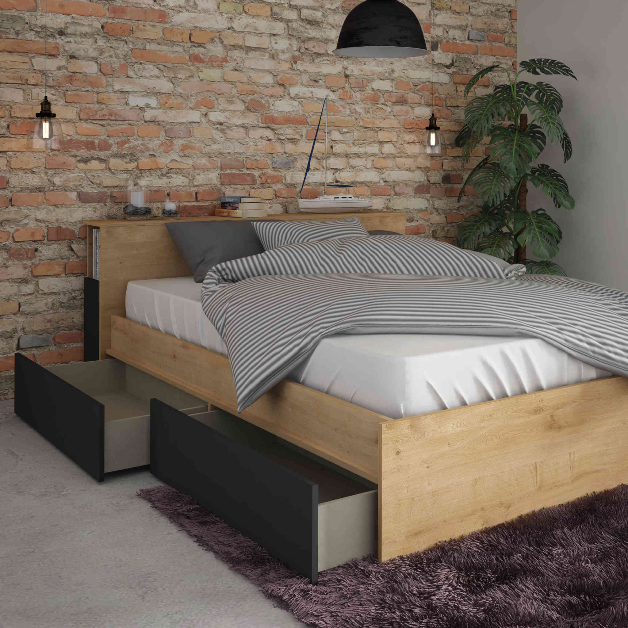 Lit tiroir imitation chêne avec niches de rangement 140x190 - LI9053
