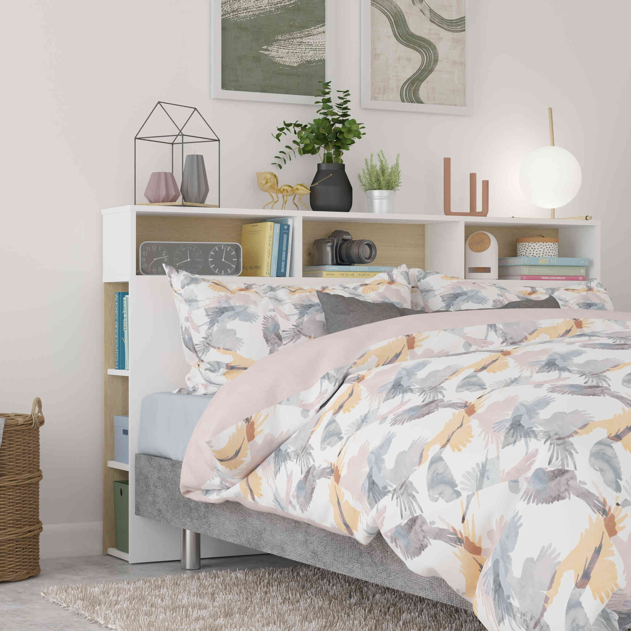 Tête de lit avec niches de rangement en bois blanc et imitation chêne naturel - TL9052