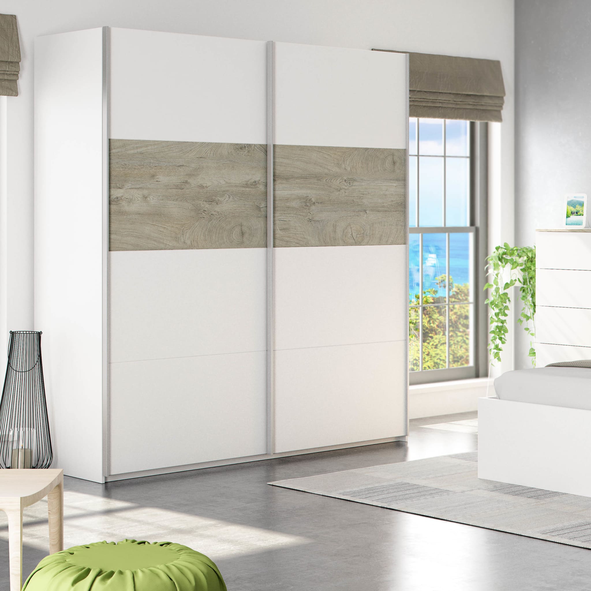 Armoire avec 2 portes coulissantes - Coloris blanc et chêne - AR81002