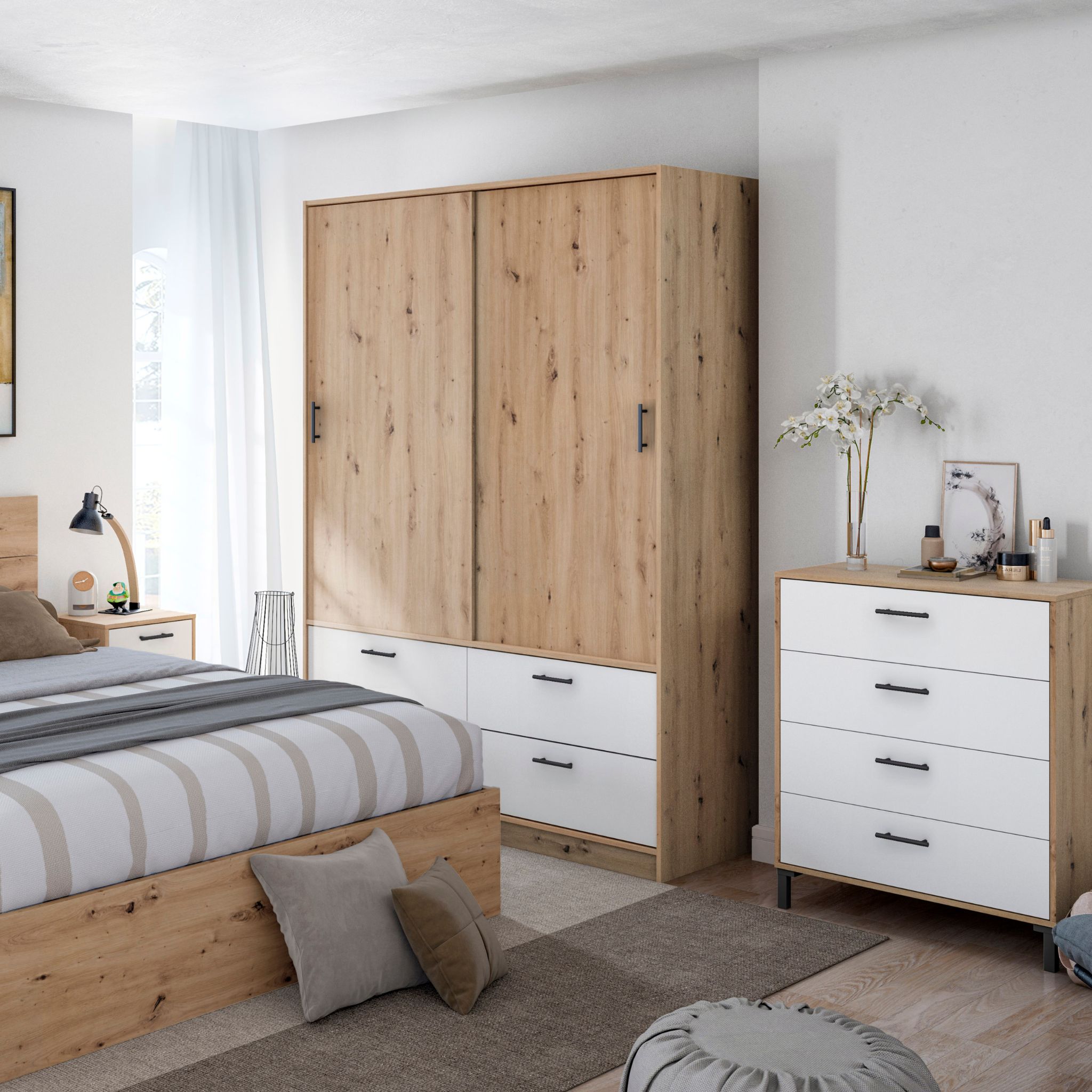 Armoire avec étagères et tiroirs blanc et chêne