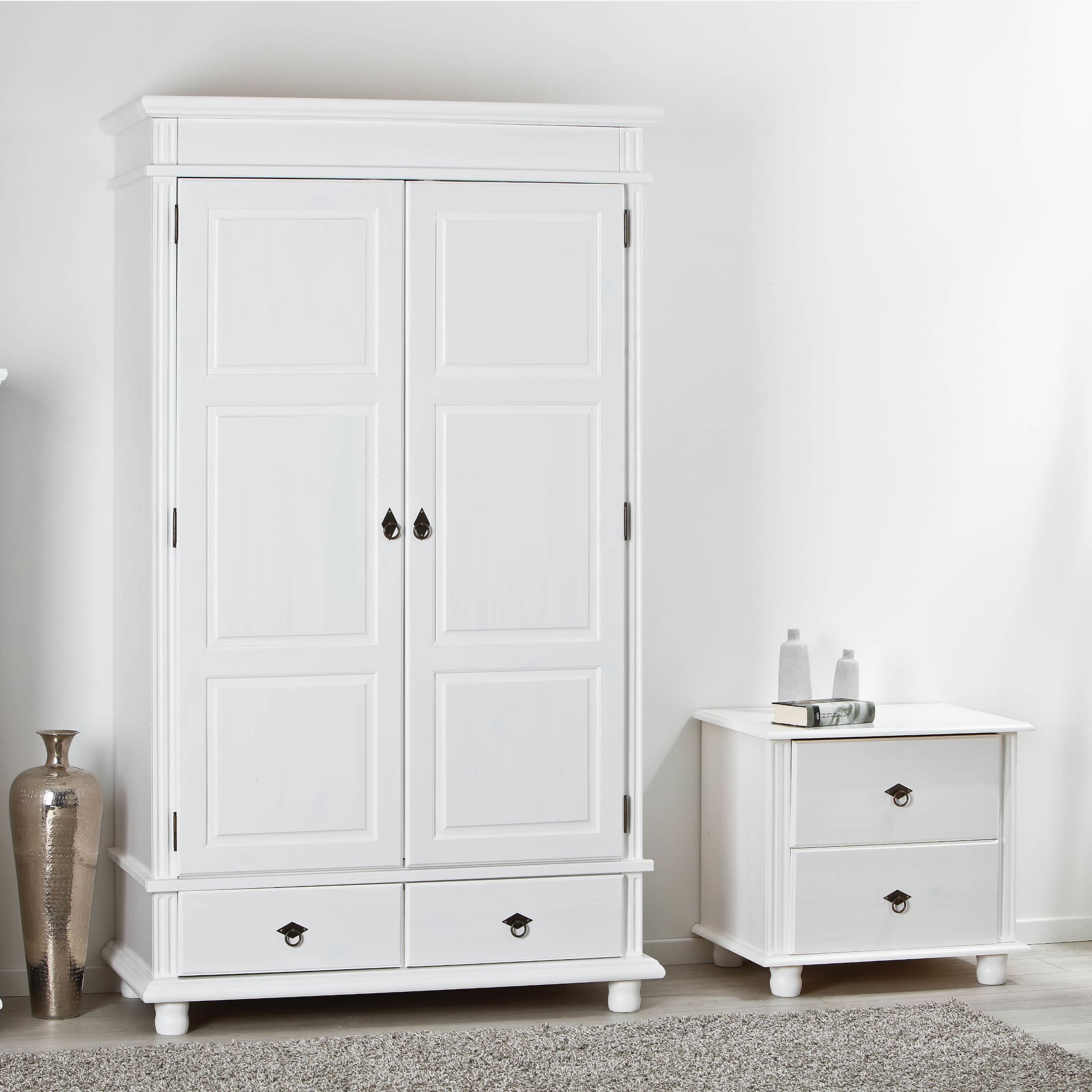 Armoire 2 portes 2 tiroirs en bois massif blanc - AR12049