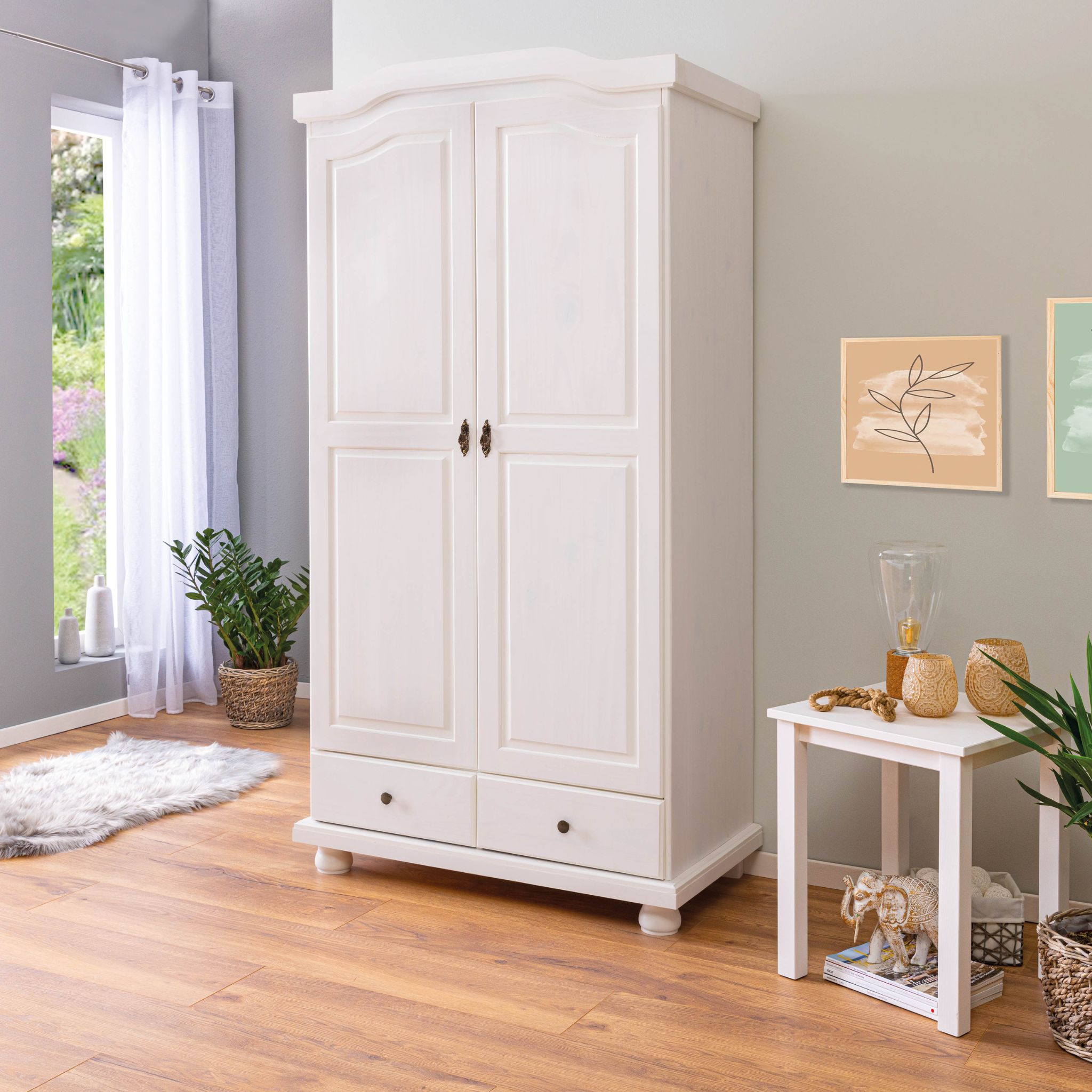 Armoire 2 portes 2 tiroirs en bois massif blanc laqué - AR12022