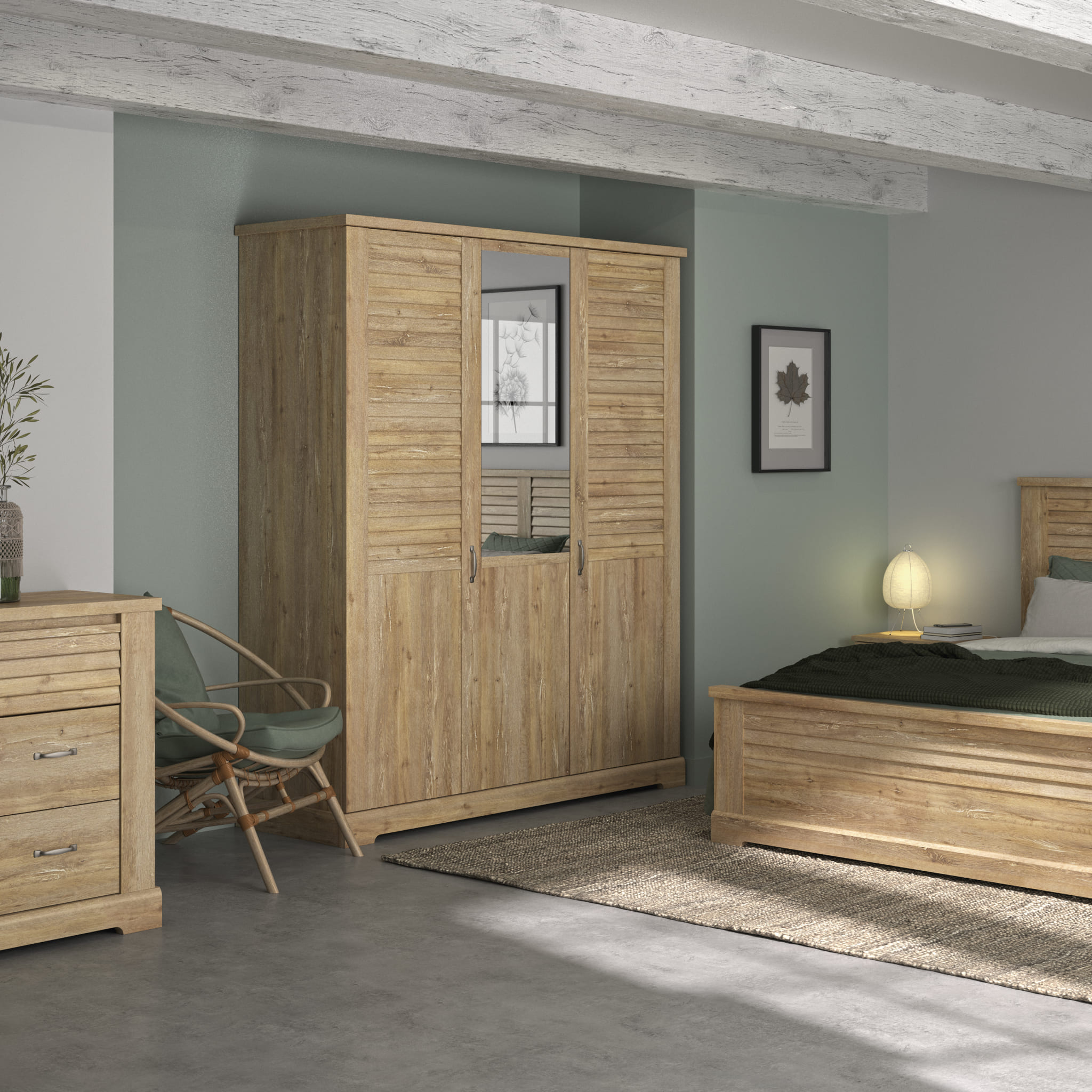 Armoire en bois clair 3 portes avec miroir - AR5070