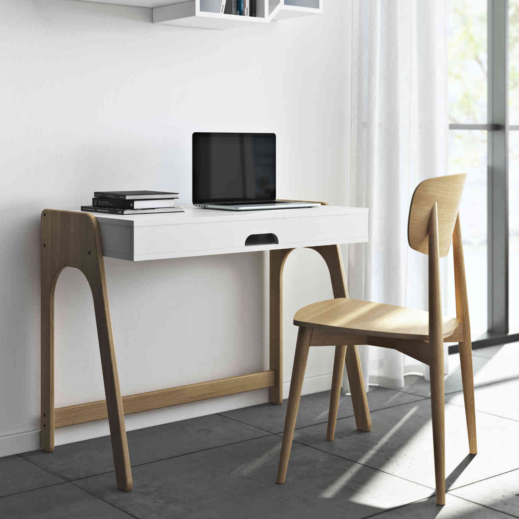 Bureau 1 étagère en bois blanc et imitation chêne clair - BU0001