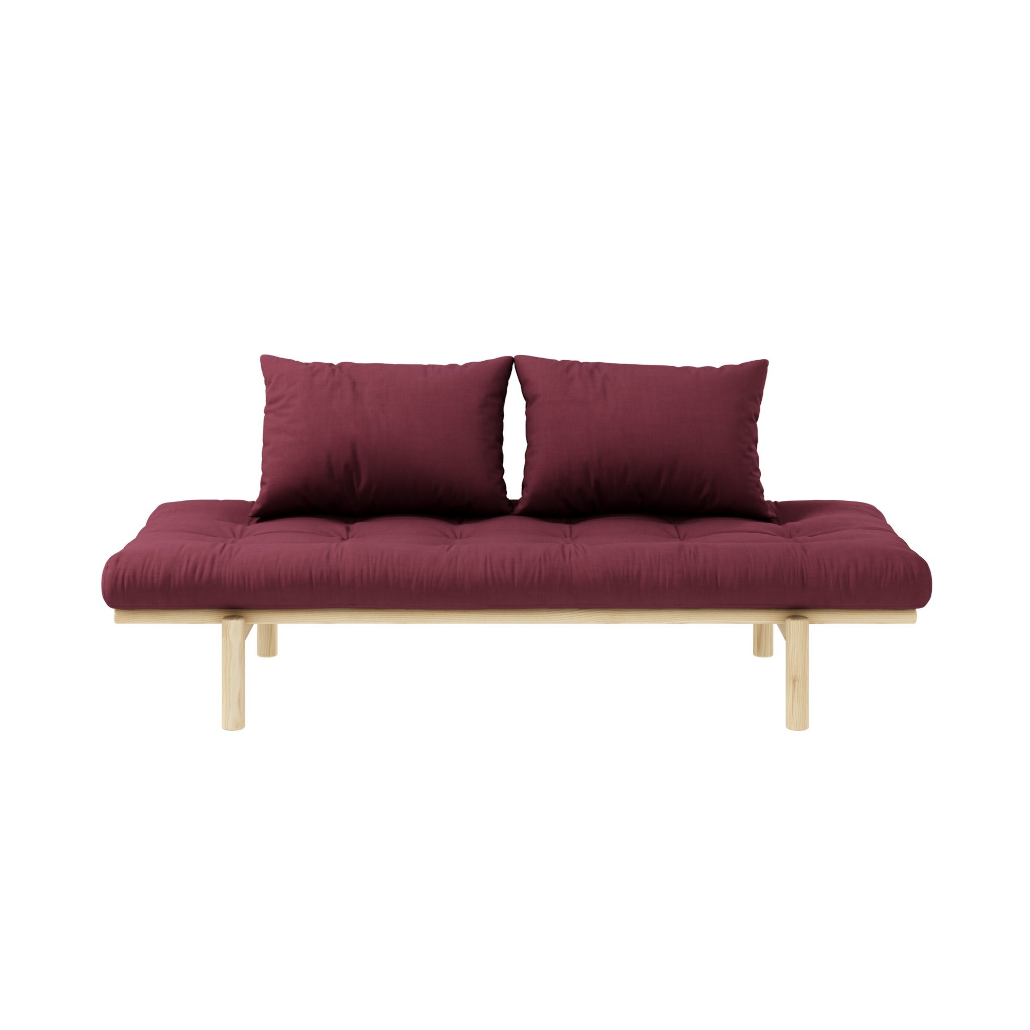 Sofa en pin massif naturel matelas bordeaux 75x200 + coussins 40x60 inclus