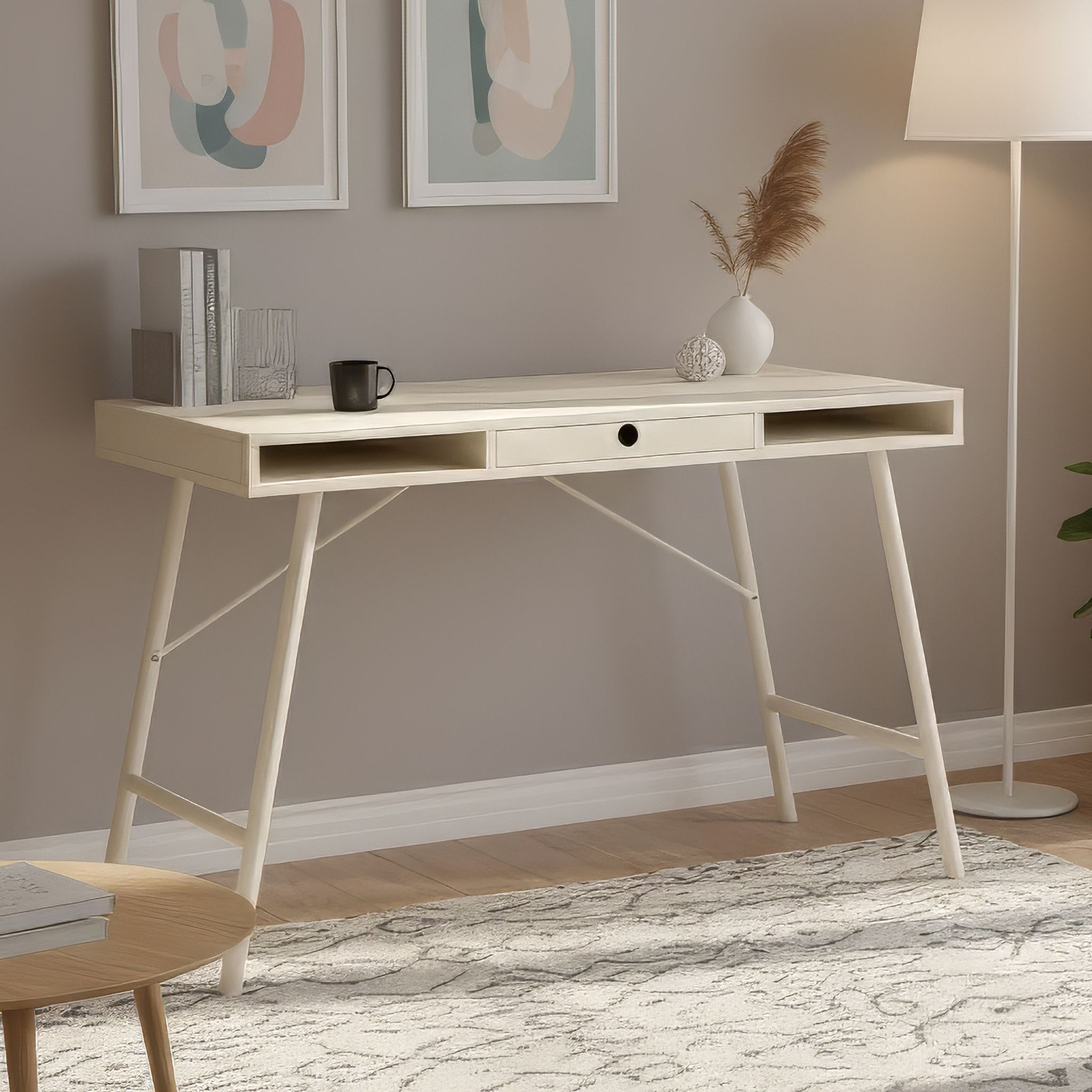 Bureau bois et métal beige avec tiroir et niches