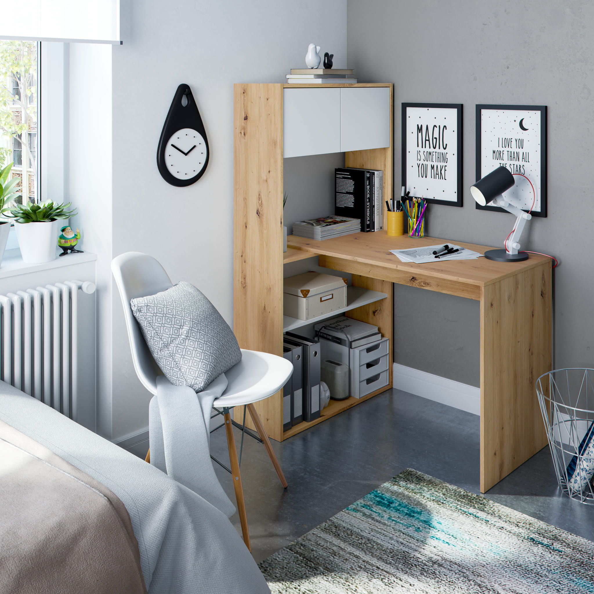 Bureau réversible avec étagères - Coloris blanc et chêne - BU81005