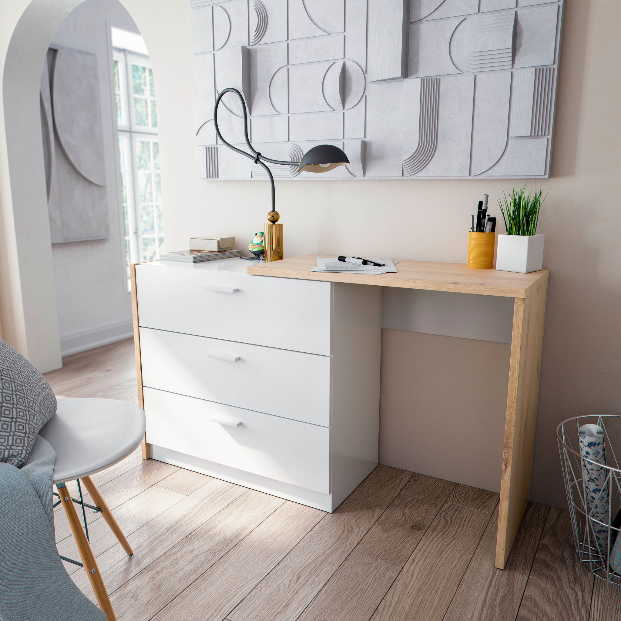 Bureau extensible 3 tiroirs naturel et blanc