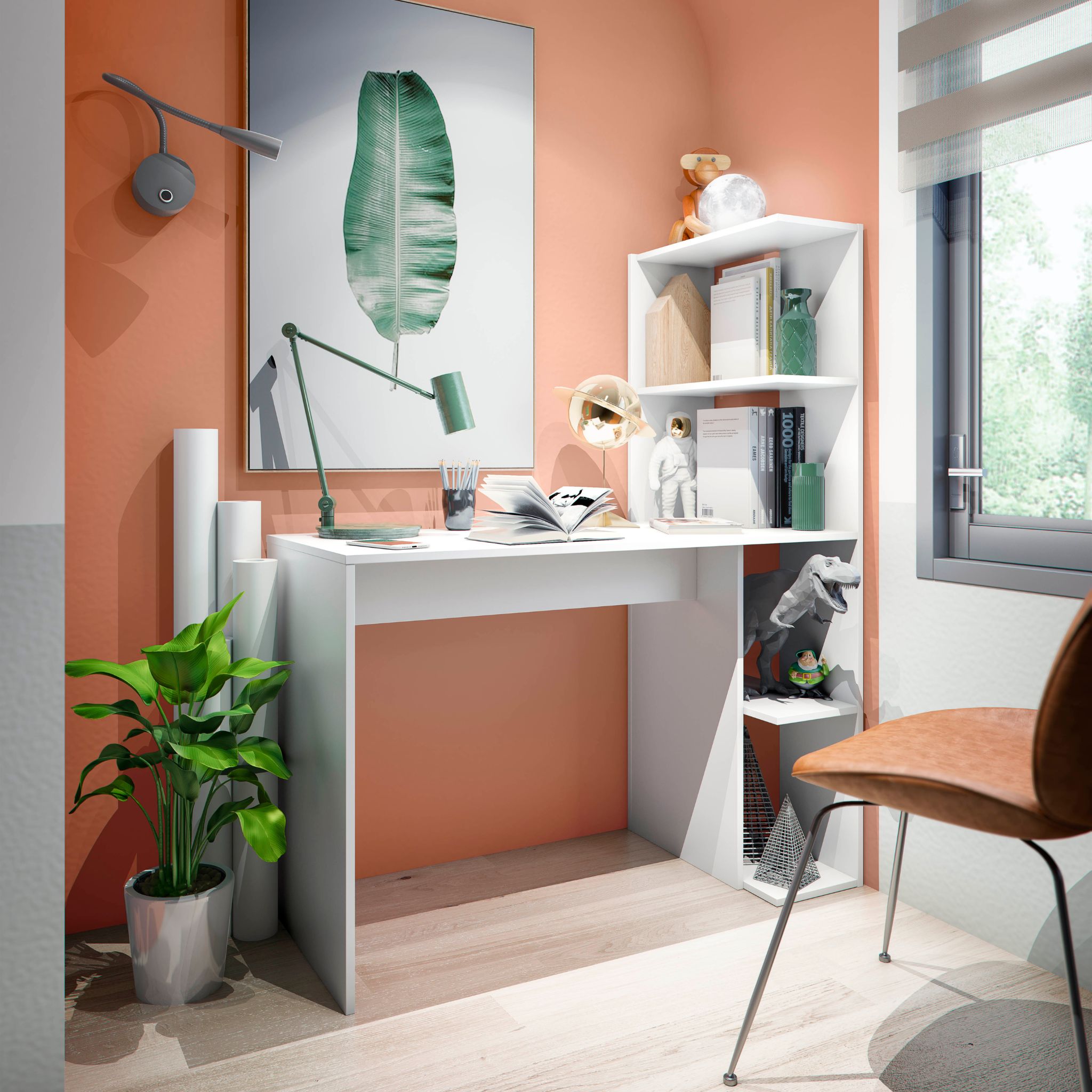 Bureau réversible avec étagères blanc