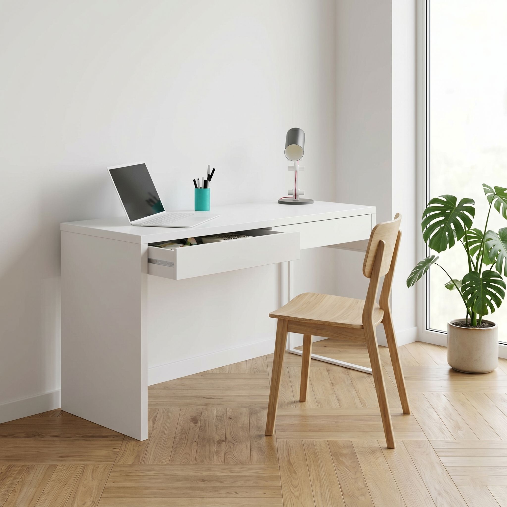 Bureau réversible bois blanc avec tiroirs
