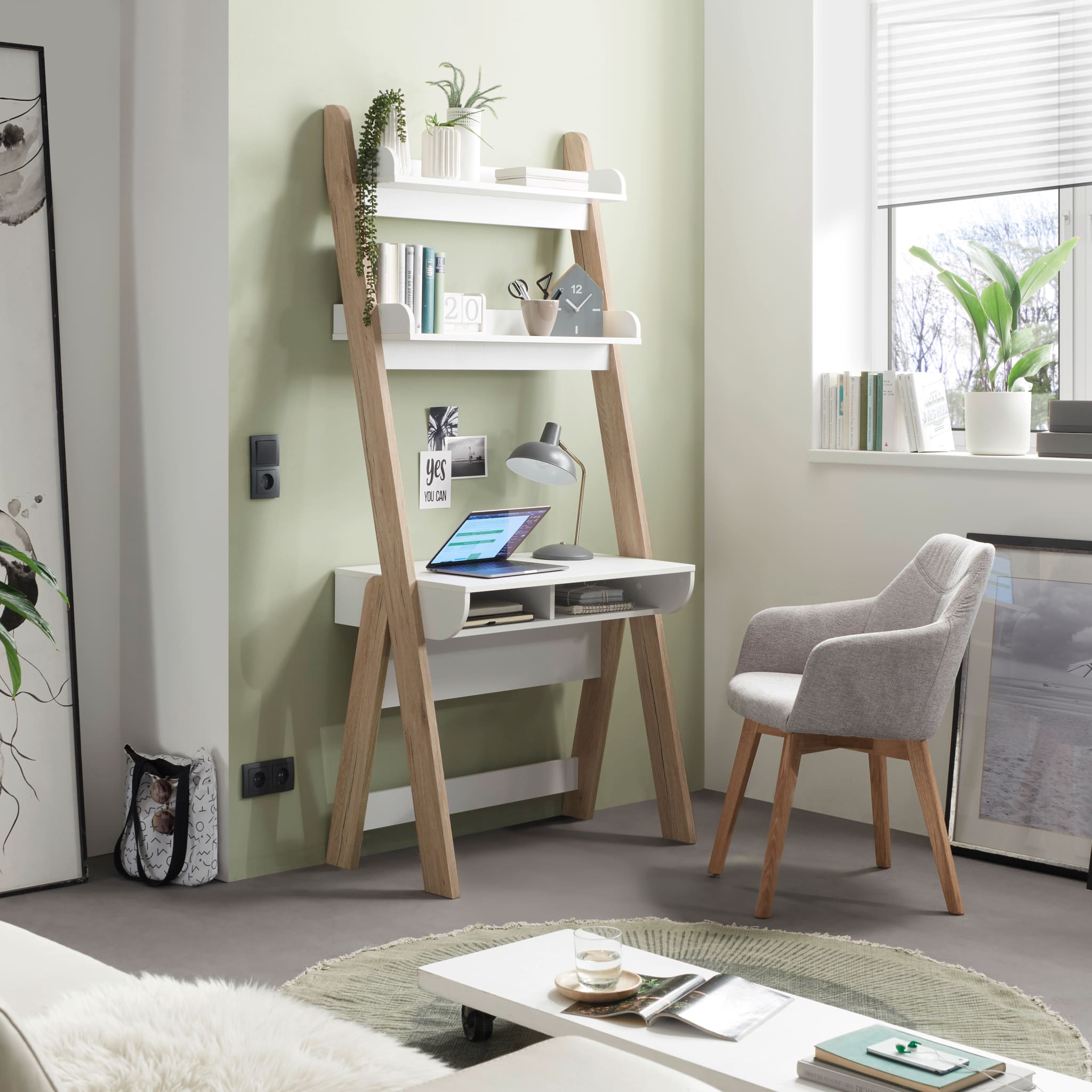 Bureau avec 2 étagères et 2 niches en MDF chêne clair et blanc - BU16022