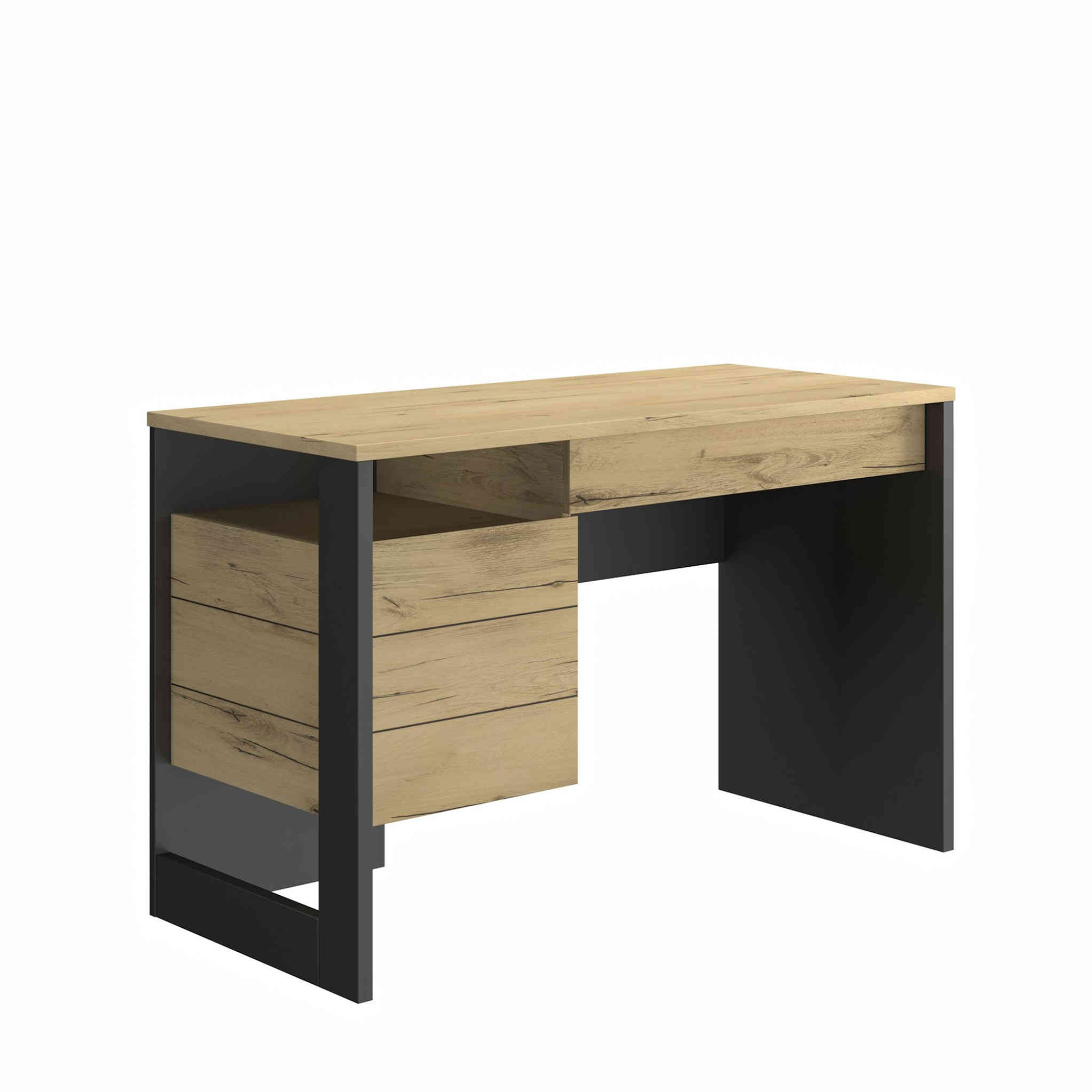 Bureau 1 porte 1 tiroir en bois imitation chêne naturel et noir - BU5057