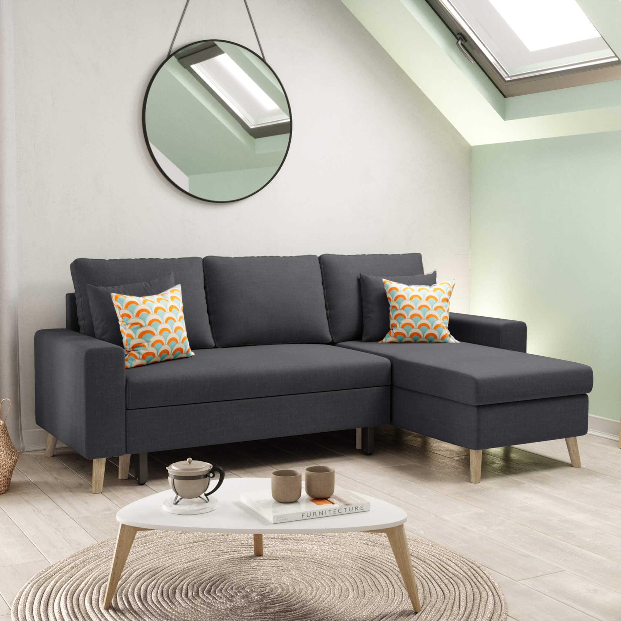 Canapé convertible d'angle scandinave 3 places en tissu anthracite - CA00002