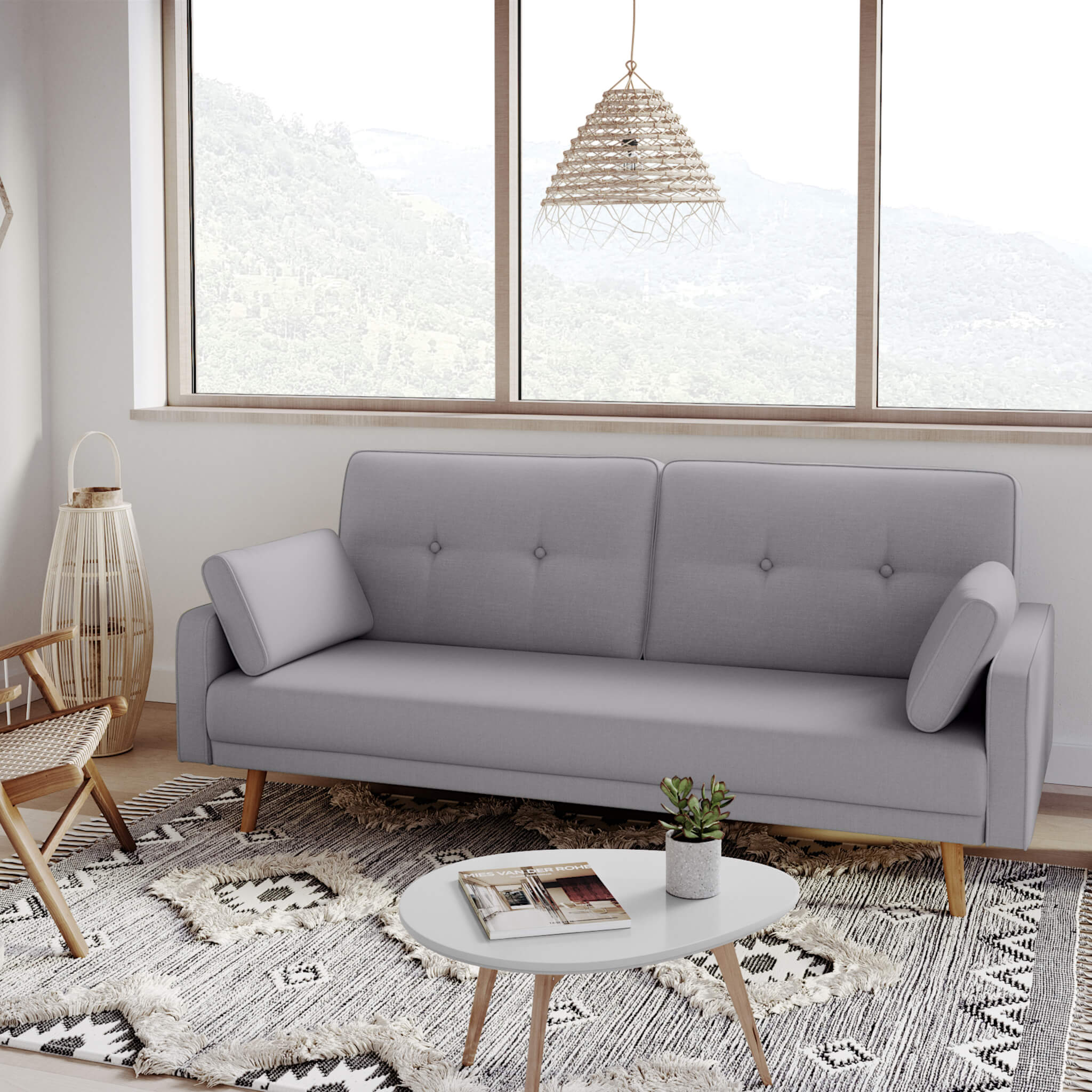 Canapé convertible droit scandinave 3 places en tissu gris clair - CA00001