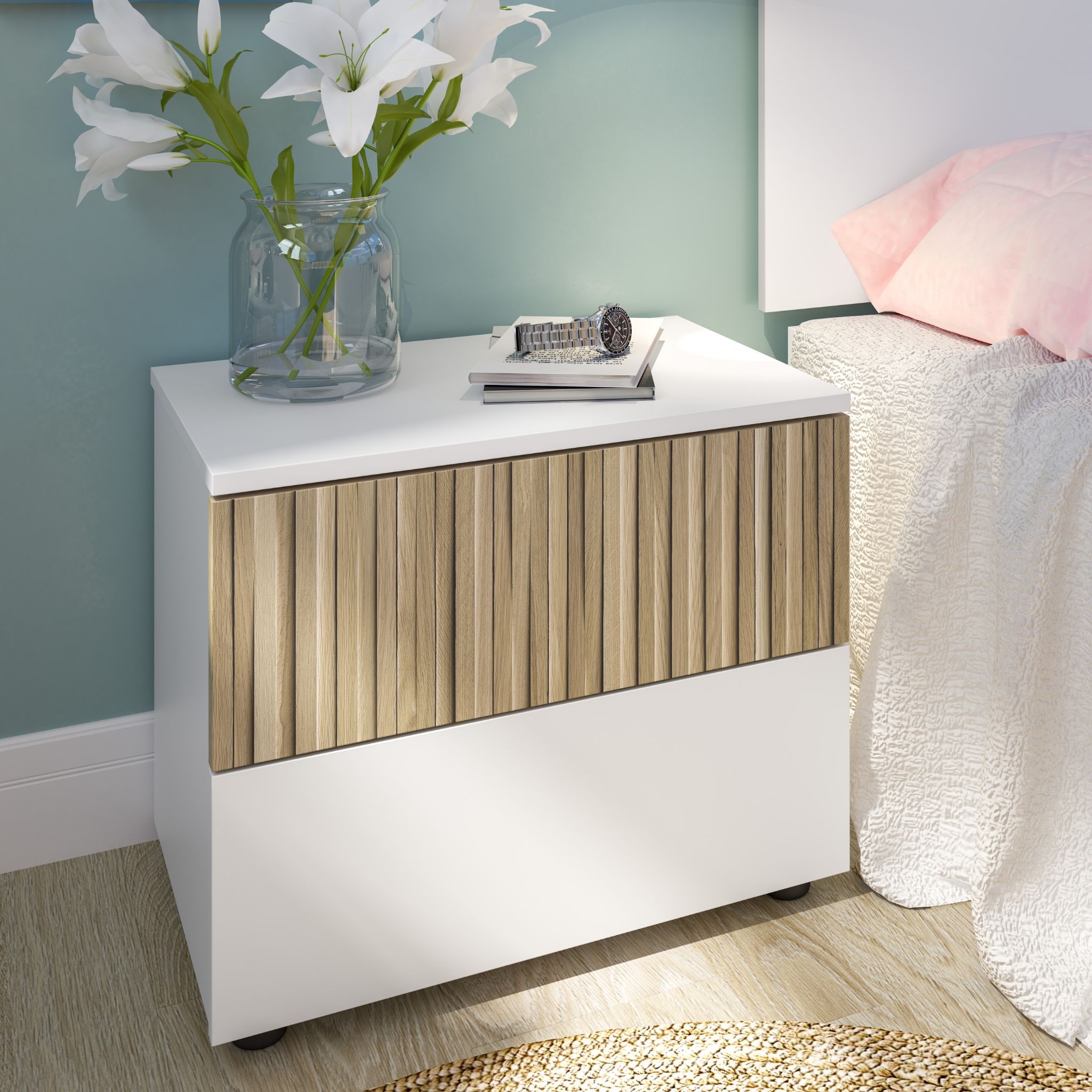 Chevet 2 tiroirs blanc et imprimé effet bois