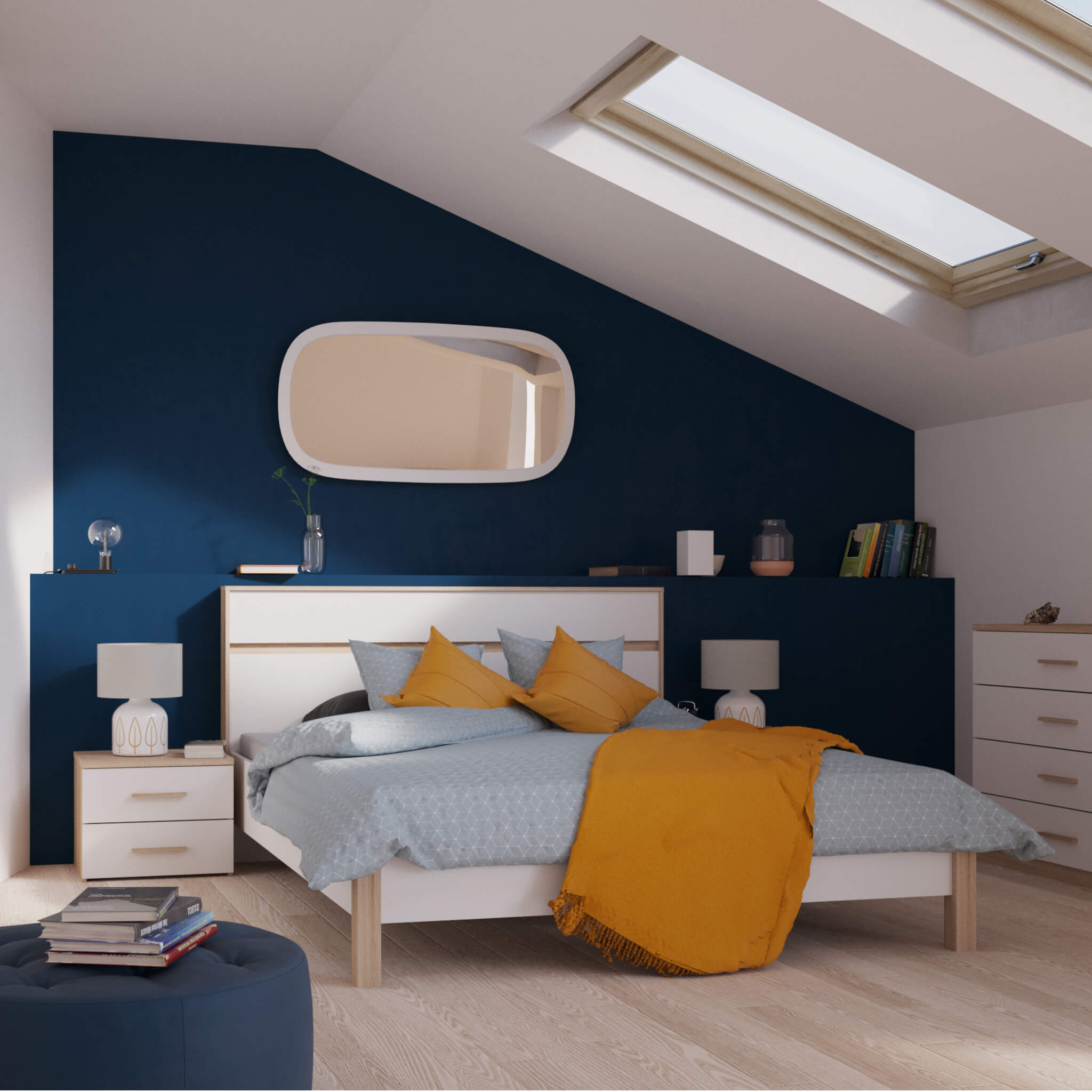 Chevet 2 tiroirs imitation chêne brosse/blanc CH129