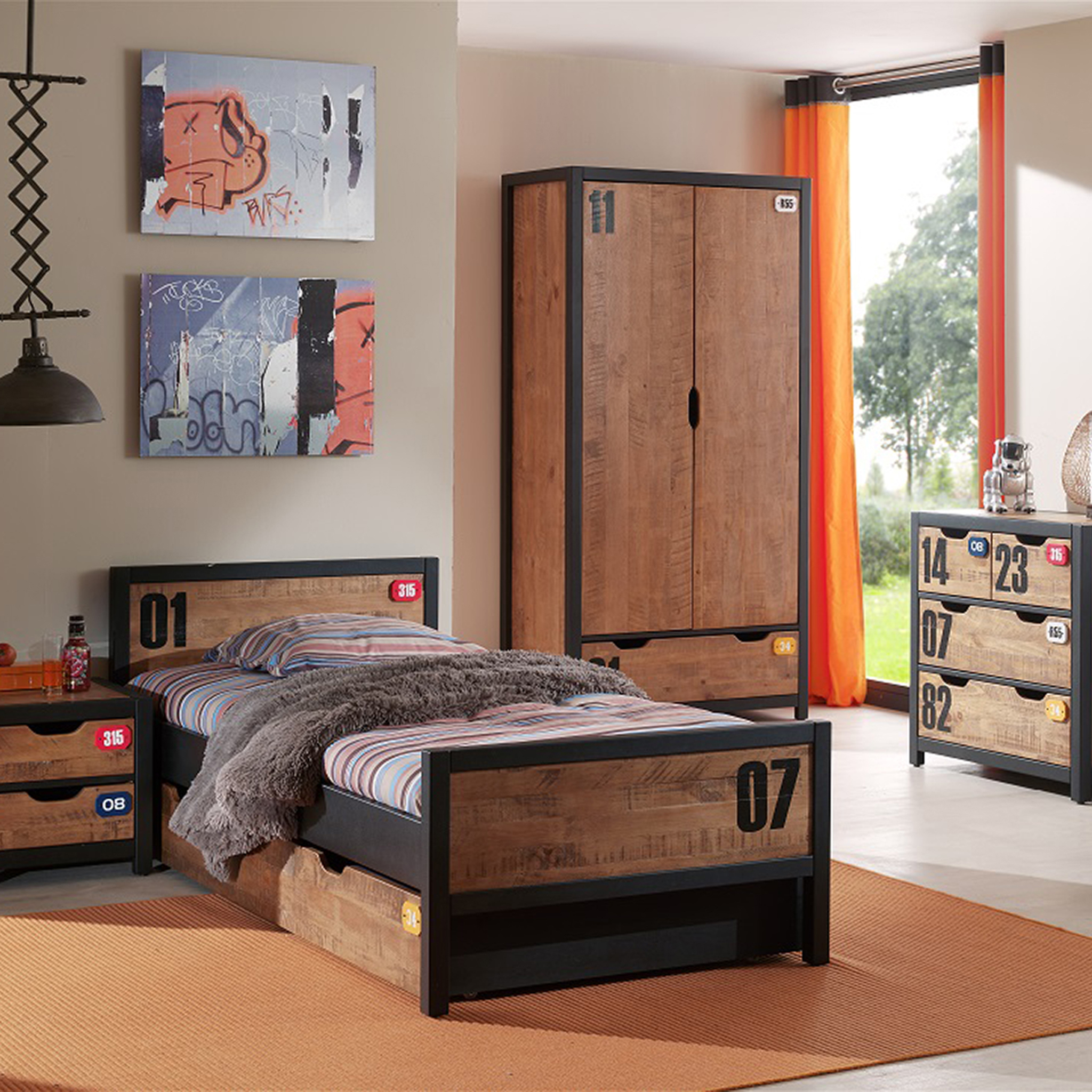 Grande chambre enfant complète MASSI (lit coffre avec matelas, chevet,  bureau, armoire et commode)