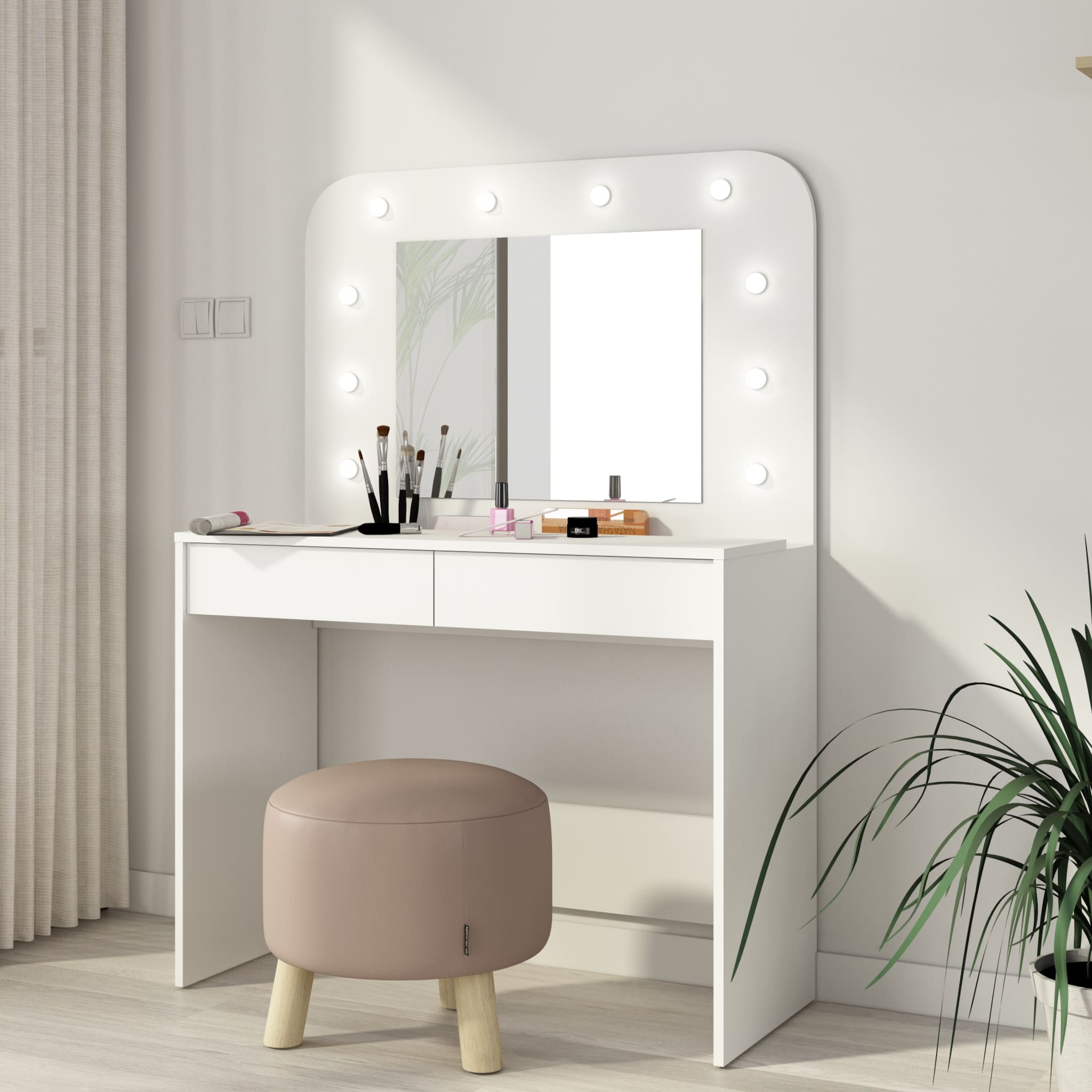 Coiffeuse enfant en bois blanc avec miroir et LED - CF9076