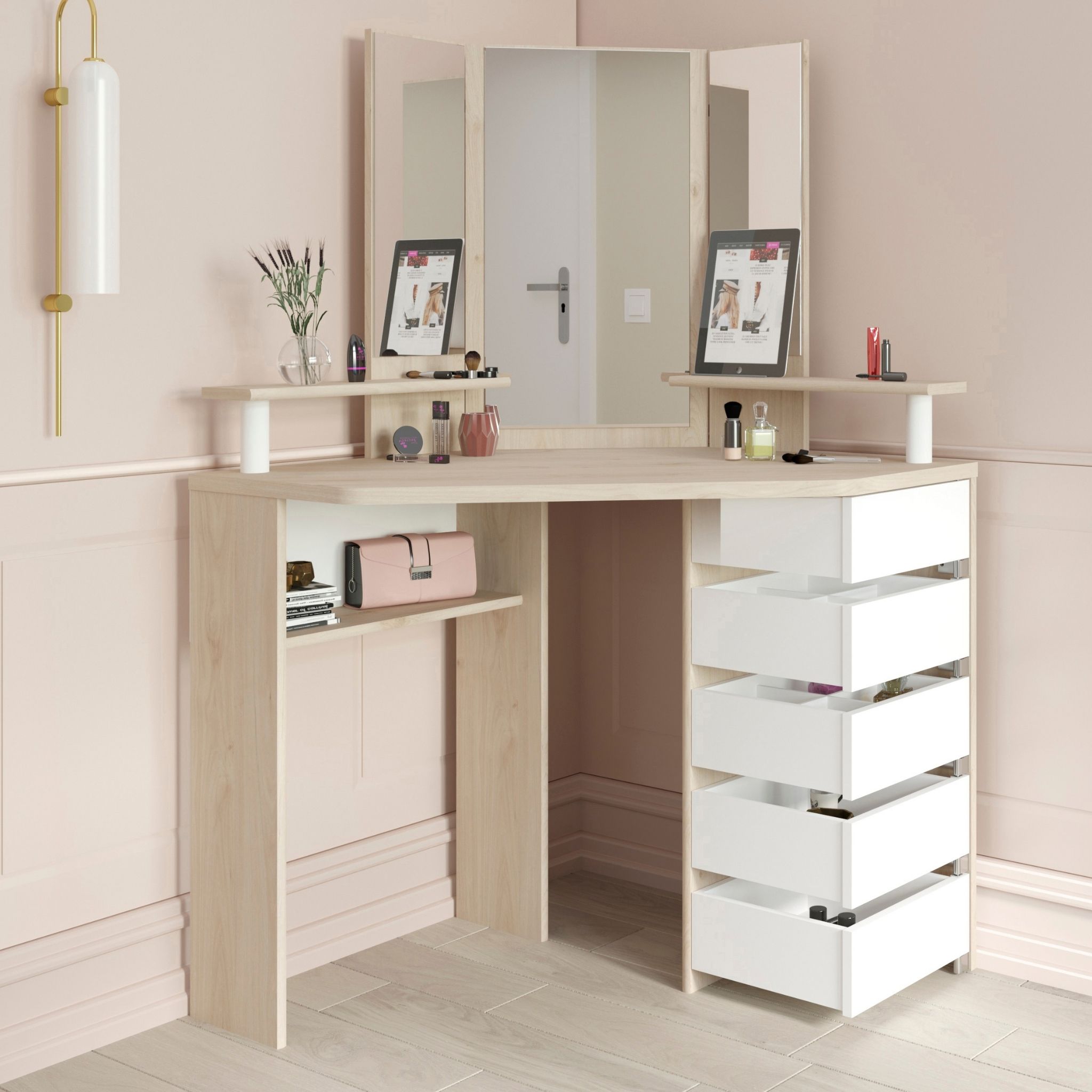 Coiffeuse d'angle avec miroirs et rangements bois naturel