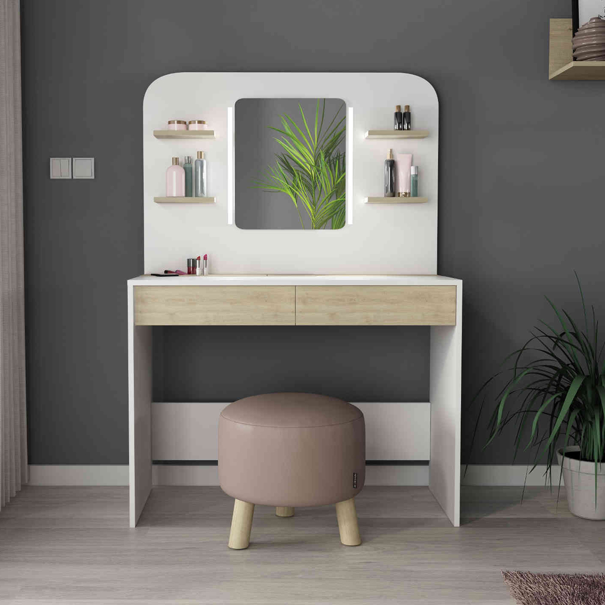 Coiffeuse enfant avec miroir en bois blanc et imitation chêne - CF9011