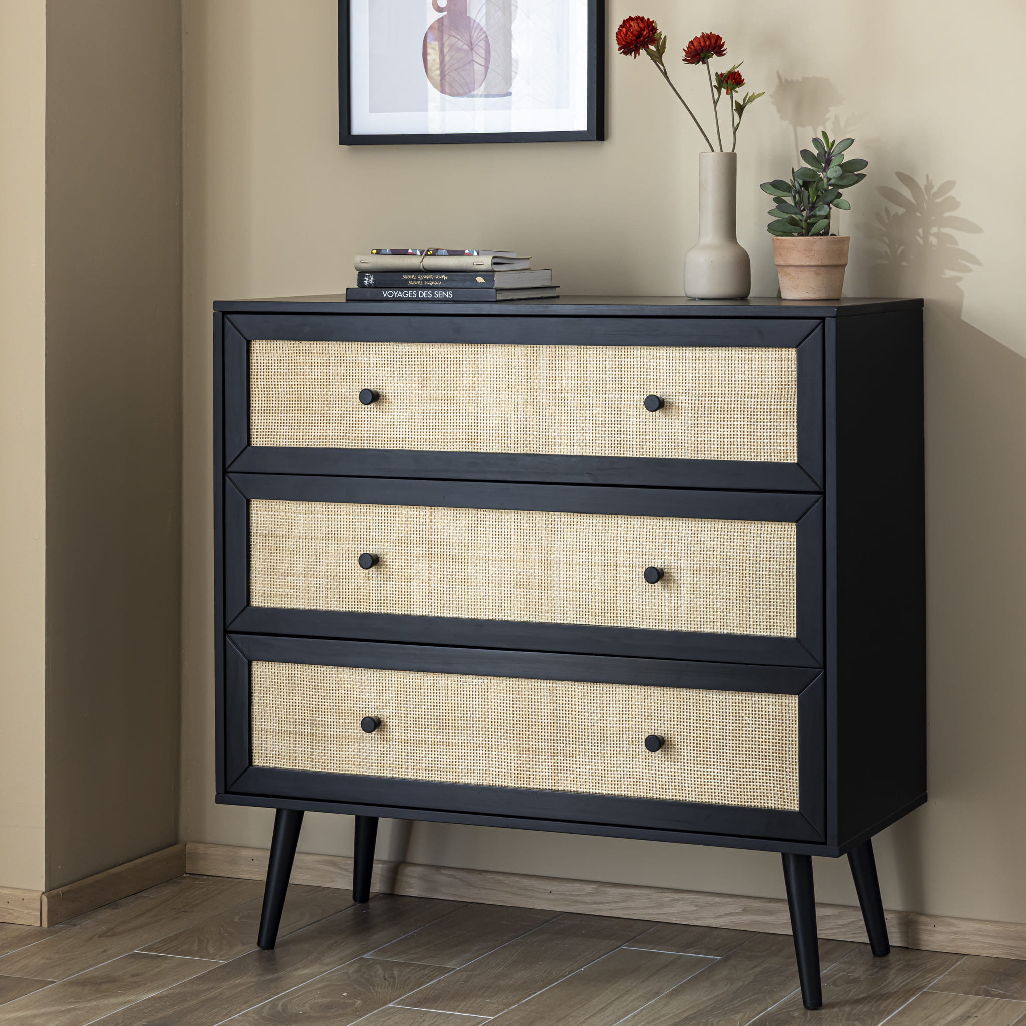 Commode cannage avec 3 tiroirs noir ANNA