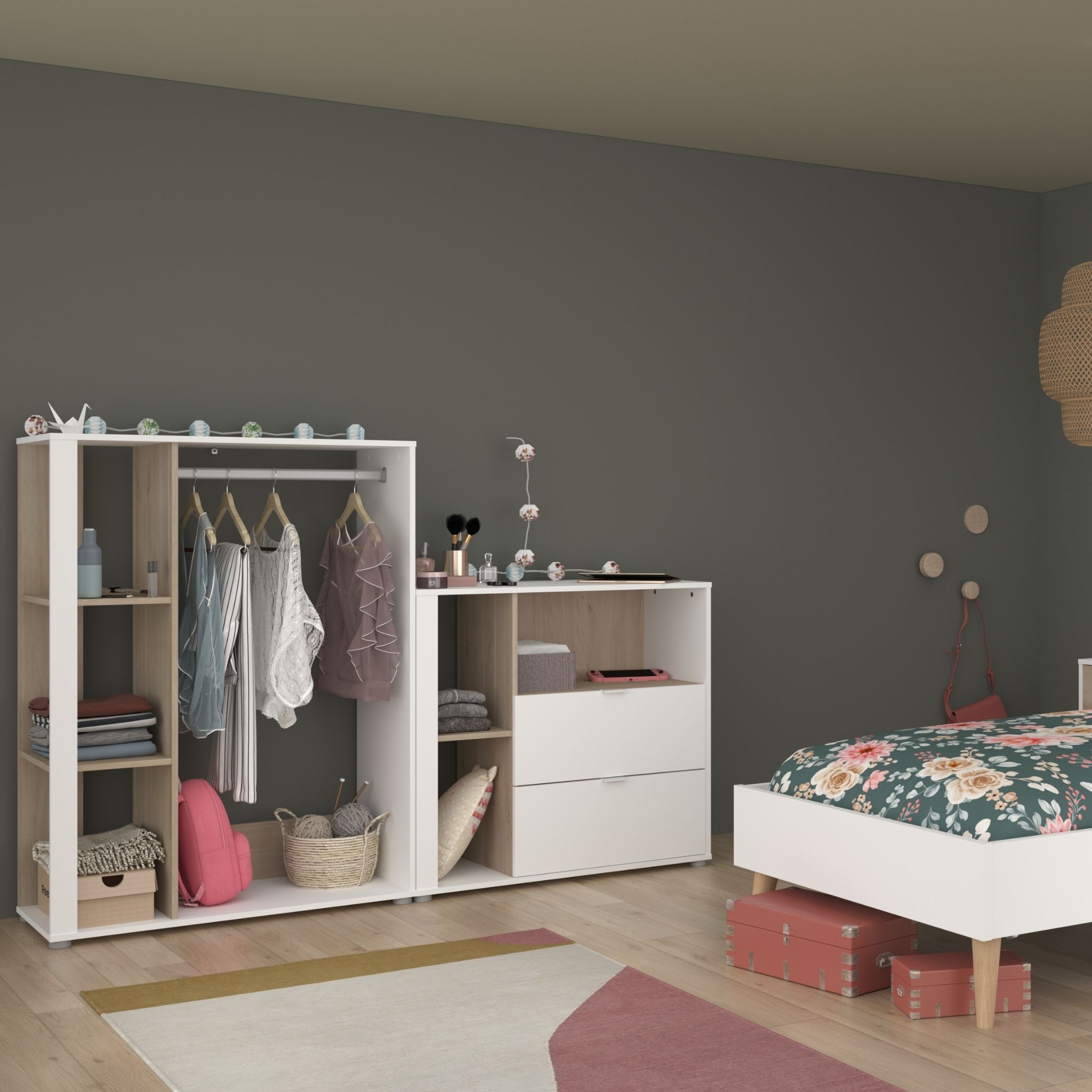 Commode 2 tiroirs et 3 étagères bicolore GABY