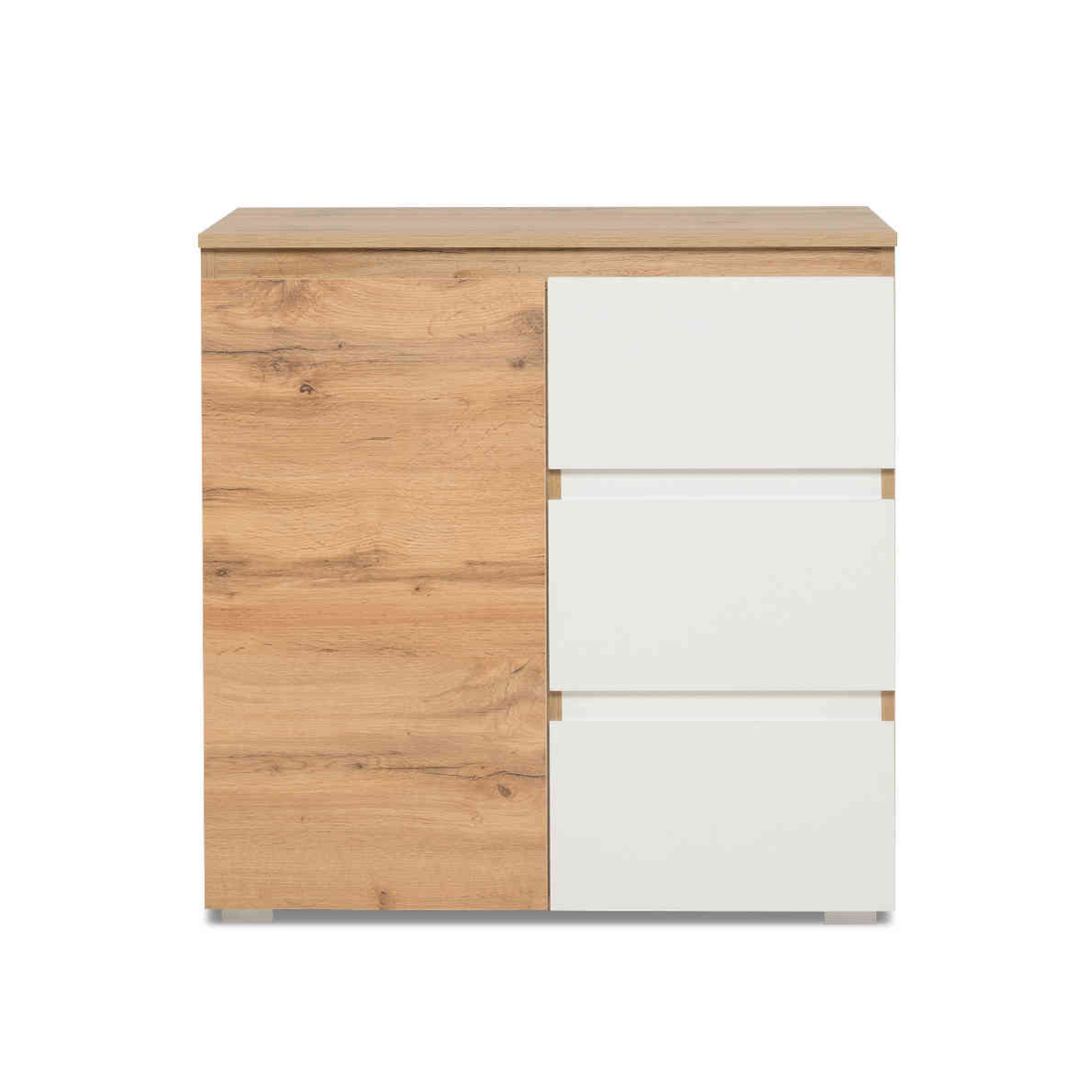 Commode 1 porte 3 tiroirs en bois imitation naturel et blanc - CO7020