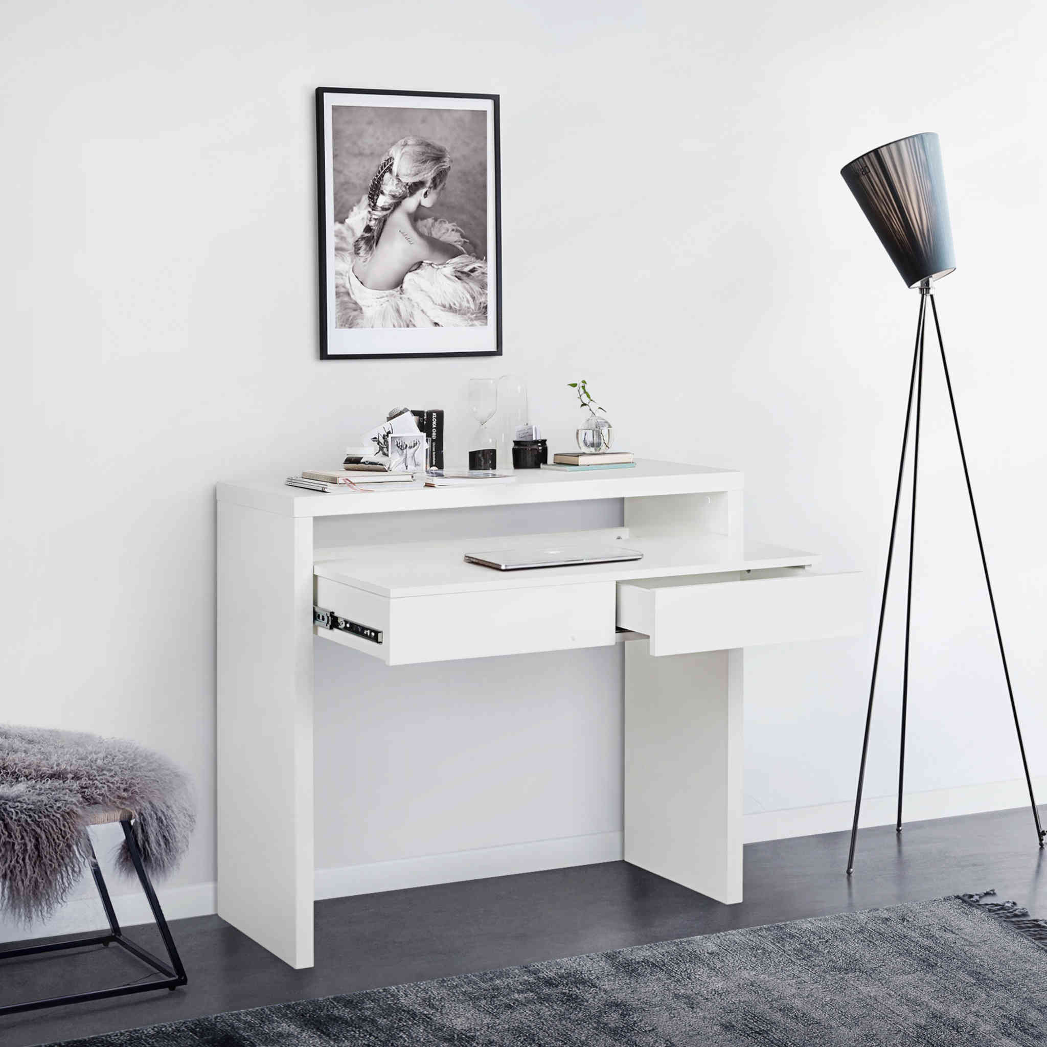 Bureau coulissant avec tiroirs en bois blanc - BU0055