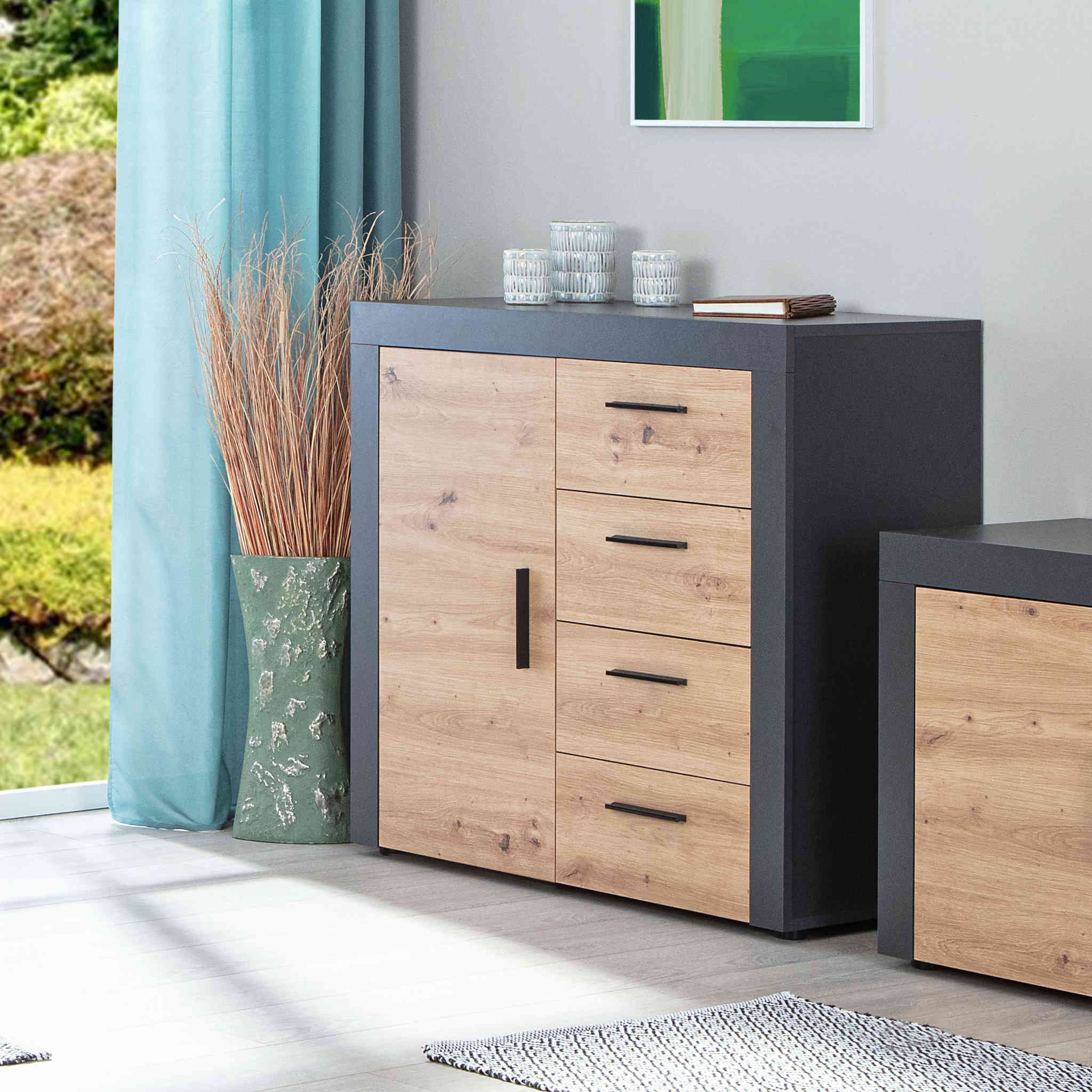 Commode 1 porte 4 tiroirs en bois imitation chêne et anthracite - CO12086