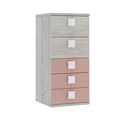 Chiffonnier 5 tiroirs en bois gris clair et rose - CF9071