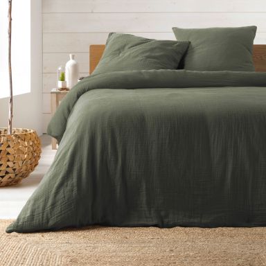 Parure de lit double gaze de coton kaki Angelia 240x220