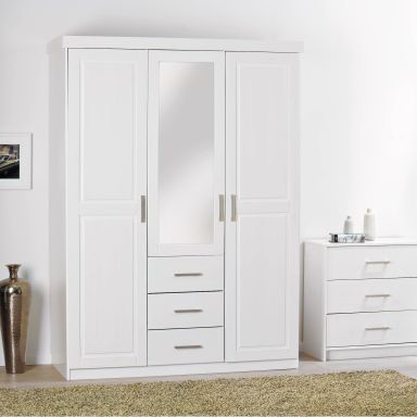 Armoire 3 portes 3 tiroirs en bois massif avec miroir - AR12045