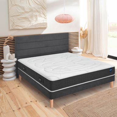 Ensemble matelas Bultex nano, mousse Bodysoft, coton et laine Ultimum, sommier Mediano gris fumé et pieds