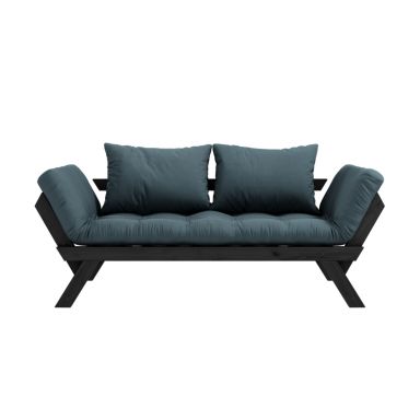 Banquette ajustable BEBOP en pin massif noir matelas bleu pétrole 75x200 + coussins 40x60 inclus