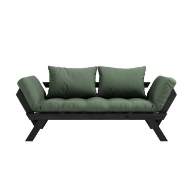 Banquette ajustable BEBOP en pin massif noir matelas kaki 75x200 + coussins 40x60 inclus