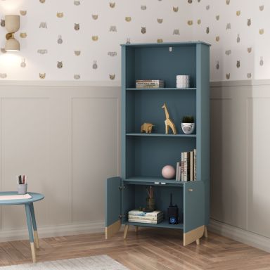 Bibliothèque en bois avec 3 niches et 2 portes bleu - B2002
