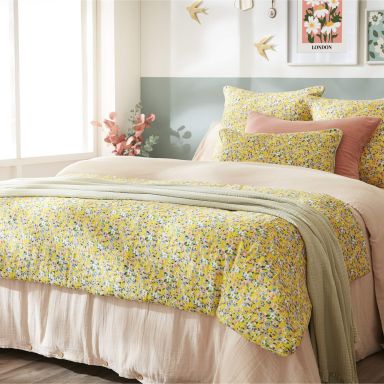 Taie d'oreiller gaze de coton imprimé floral jaune 60x60