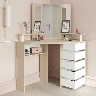 Coiffeuse d'angle avec miroirs et rangements bois naturel