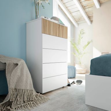 Commode 5 tiroirs coloris blanc et bois naturel