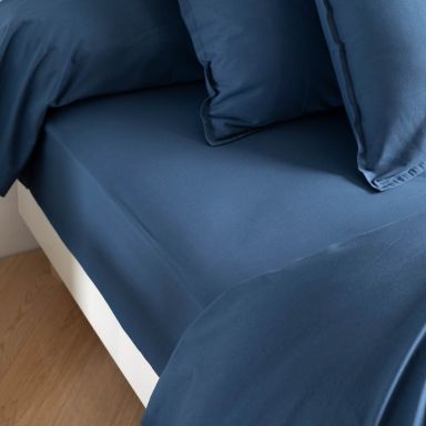Drap housse coton lavé bonnet 30 cm - SOMEO Bleu marine 70x190