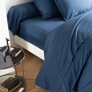 Drap plat coton lavé - SOMEO Bleu marine 180x290
