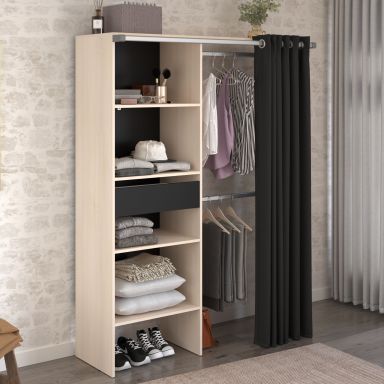 Dressing ouvert avec rideau et étagères 182 cm noir