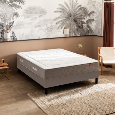 Ensemble Epeda matelas ressorts multi-actif et laine L’Échappée, sommier Nature confort médium et pieds