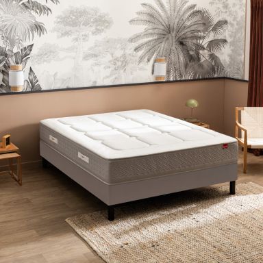 Ensemble Epeda matelas ressorts ensachés, mémoire de forme et laine L’Escapade, sommier Nature confort médium et pieds