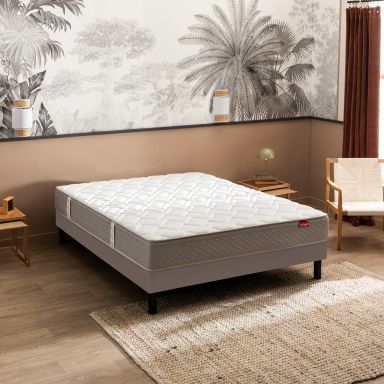 Ensemble Epeda matelas ressorts ensachés L’Ailleurs, sommier Nature confort ferme et pieds