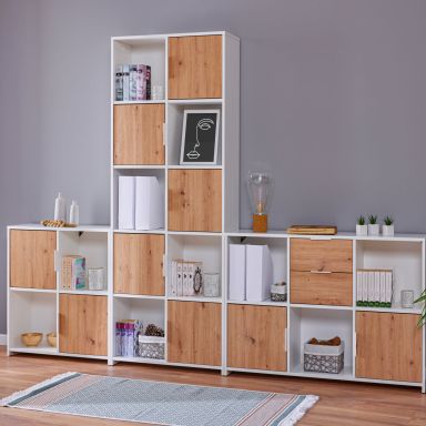 Etagère 10 cases en bois blanc avec 5 portes battantes chêne artisan - ET12116