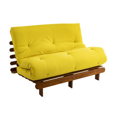 Ensemble matelas futon en coton ocre et structure en bois massif noisette 140x200 