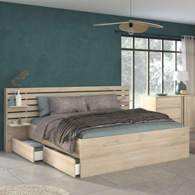 Lit adulte avec tête de lit et tiroirs bois naturel 140x200 CLEM