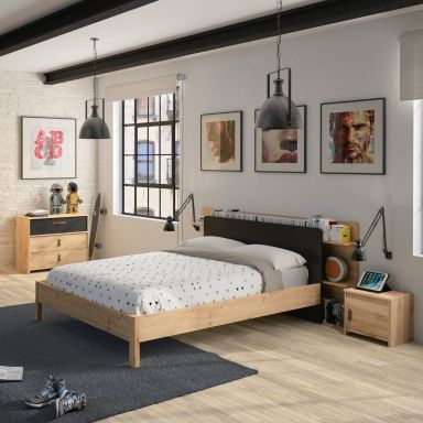 Lit enfant en bois imitation chêne clair et noir 140x190 - LT5051